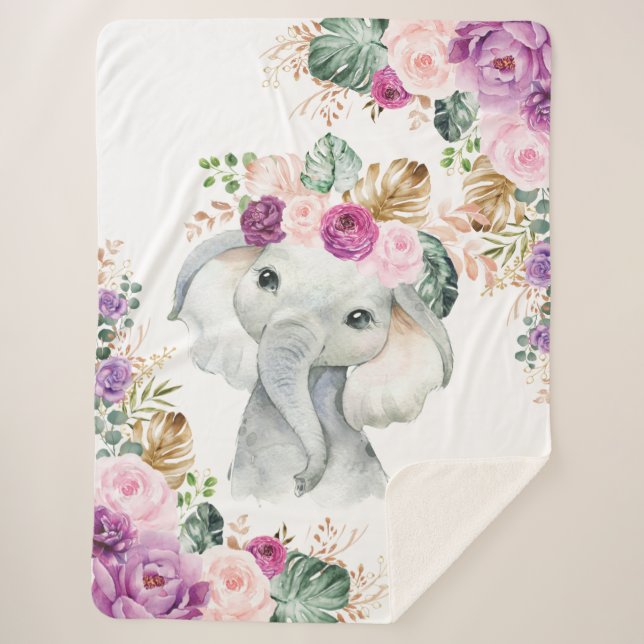 Tropical Safari Elephant Blush Violet Floral Sherpa Blanket (Front)