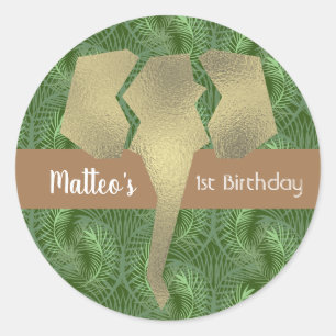 Tropical Safari Elephant Faux Gold Greenery Classic Round Sticker