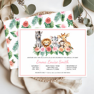 Tropical Safari Jungle Animals Girl Baby Shower Invitation