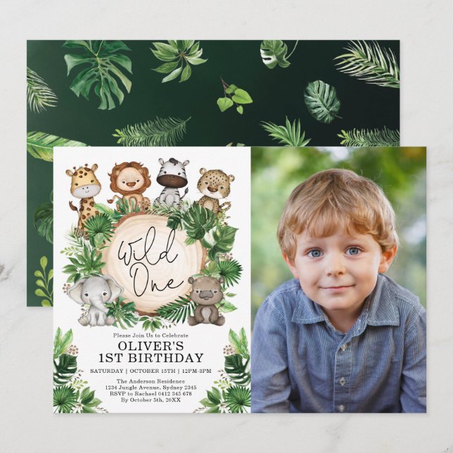 Tropical Safari Jungle Animals Wild One Birthday Invitation (Front/Back)