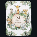 Tropical Safari Jungle Baby Wild Animals Monogram Baby Blanket<br><div class="desc">This unique design features beautiful rustic watercolor botanical greenery and adorable safari animals. Personalize the blanket with the baby's initial and first name.</div>