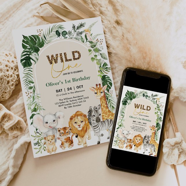 Tropical Safari Party Animals Wild One Birthday Invitation (Creator Uploaded)