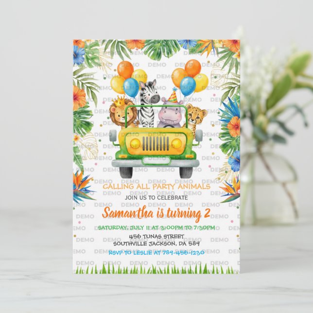 Tropical Safari Wild One Jungle Animals Birthday Invitation (Standing Front)