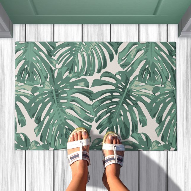 Tropical Sage Green Jungle Leaves Pattern Doormat (Doormat in situ. Pattern of sage green monstera jungle leaves)