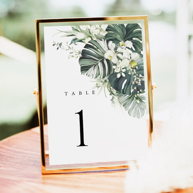 Tropical Sage Green Monstera Wedding Table Number (Tropical Monstera Table Number, Sage Green Beach Wedding Reception, destination gold frame decor)