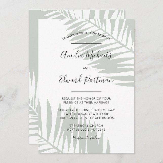 Tropical Sage Green Palm Leaves Wedding Invitation (Front/Back)
