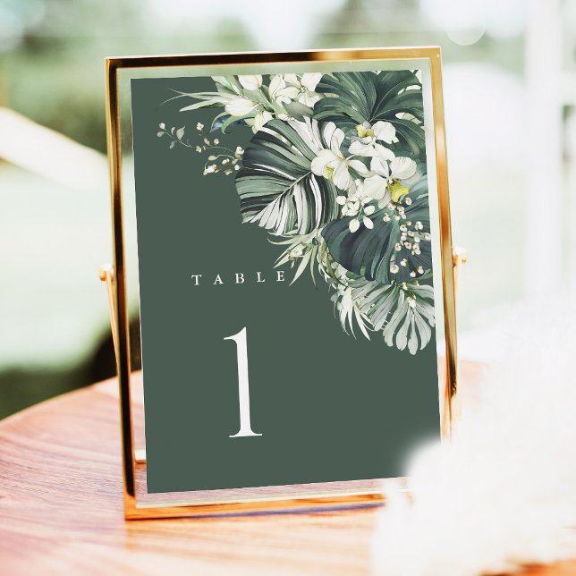 Tropical Sage Green Wedding Table Number, Monstera (Tropical wedding table number card, sage green monstera reception decor, gold frame table numbers)