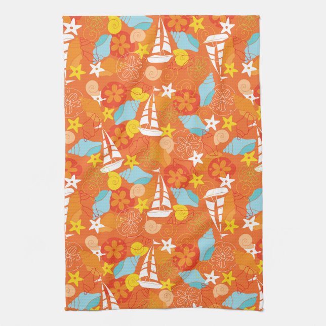 Tropical Sailboat Pattern Tea Towel (Vertical)