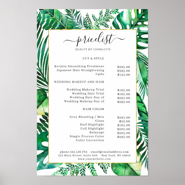Tropical Salon Price List Poster (Front)