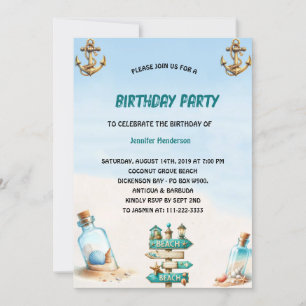 Tropical sand Beach Bottle Summer Birthday  Invitation