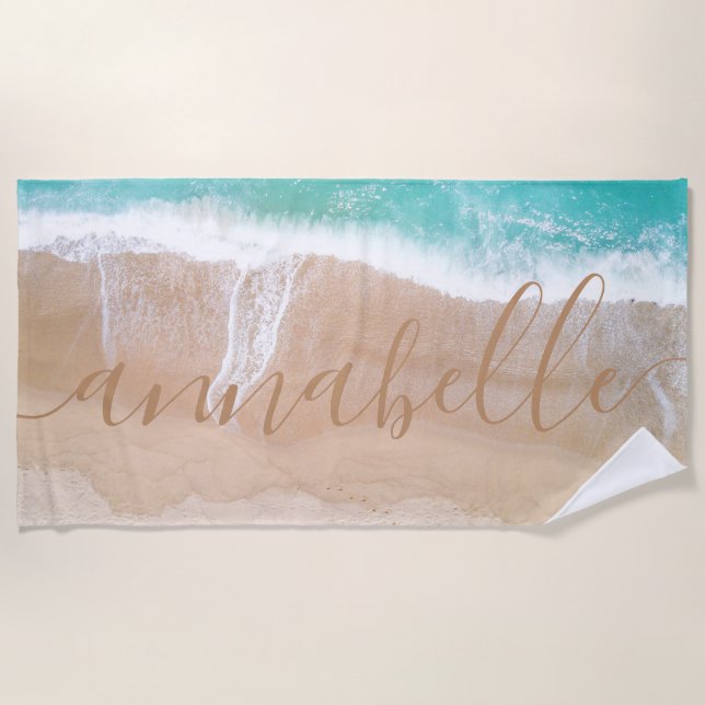 tropical sand beach ocean meditation personalised beach towel (Front)