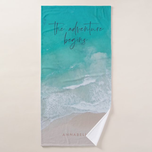 tropical sand beach ocean the adventure begins bath towel (Bath Towel)