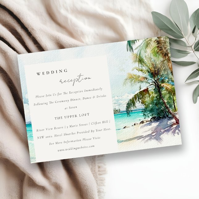 Tropical Sand Beach Palm Trees Wedding Reception Enclosure Card (Creator Uploaded)