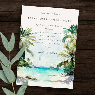Tropical Sand Beach Watercolor Palm Trees Wedding Invitation