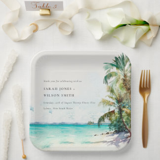 Tropical Sand Beach Watercolor Palm Trees Wedding Paper Plate