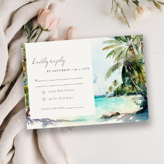 Tropical Sand Beach Watercolor Palm Trees Wedding RSVP Card