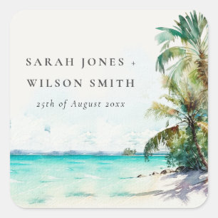 Tropical Sand Beach Watercolor Palm Trees Wedding Square Sticker