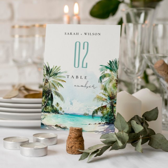 Tropical Sand Beach Watercolor Palm Trees Wedding Table Number (Creator Uploaded)