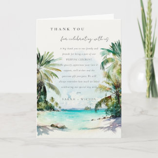 Tropical Sand Beach Watercolor Palm Trees Wedding Thank You Card