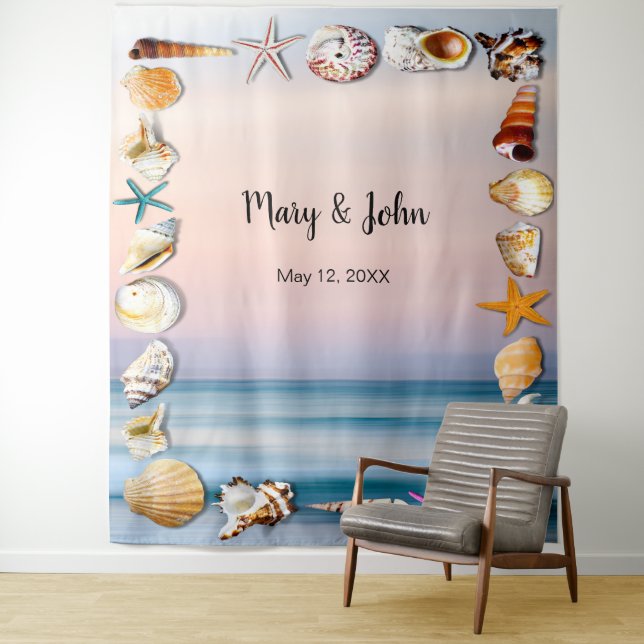 Tropical Sandy Beach And Seashells Photo Backdrop Tapestry (In Situ)