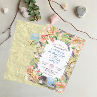 Tropical Sandy Beach Rose Seashell Pearl Wedding Invitation