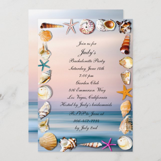 Tropical Sandy Beach & Seashell Bachelorette Party Invitation (Front/Back)