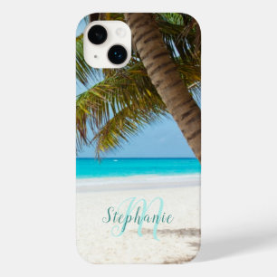 Tropical Sandy Beach Turquoise Monogram Palm Tree Case-Mate iPhone 14 Plus Case