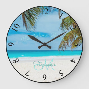 Tropical Sandy Beach Turquoise Monogram Palm Tree Large Clock