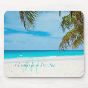 Tropical Sandy Beach Turquoise Monogram Palm Tree Mouse Pad