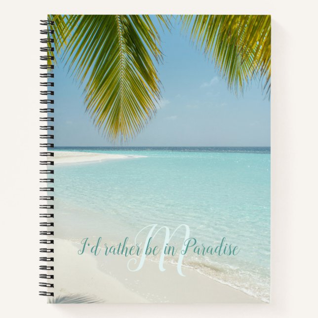 Tropical Sandy Beach Turquoise Typography Palm Notebook (Front)