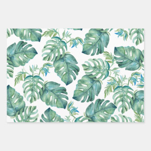 Tropical Santa and Palm Leaves Pattern Watercolor Wrapping Paper Sheet