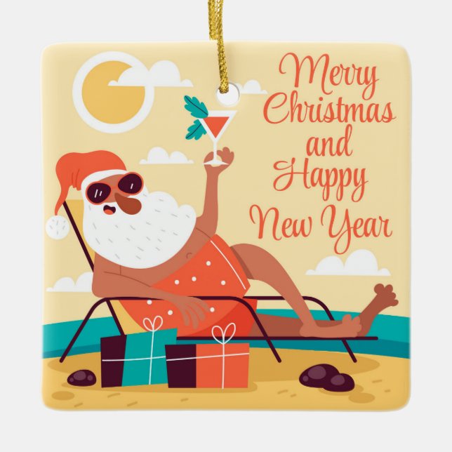 Tropical Santa Ceramic Ornament (Front)