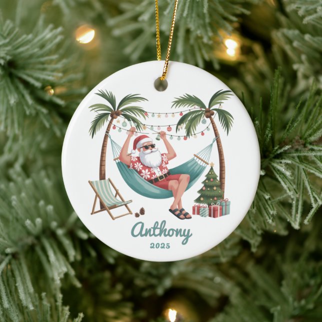 Tropical Santa Christmas Ceramic Ornament (Tree)