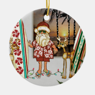 Tropical Santa Christmas Ornament with Surf Board