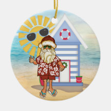 Tropical Santa Christmas Ornament with Surf Board