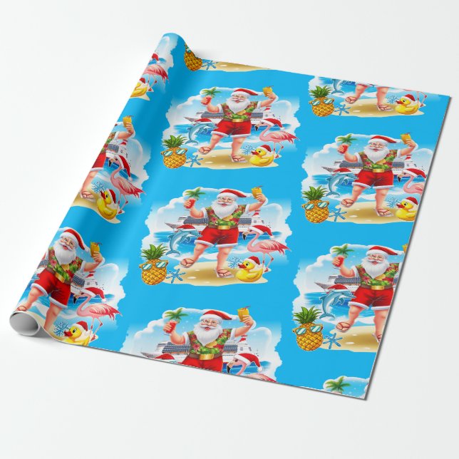 Tropical Santa Cruise Rubber Duck Wrapping Paper (Unrolled)