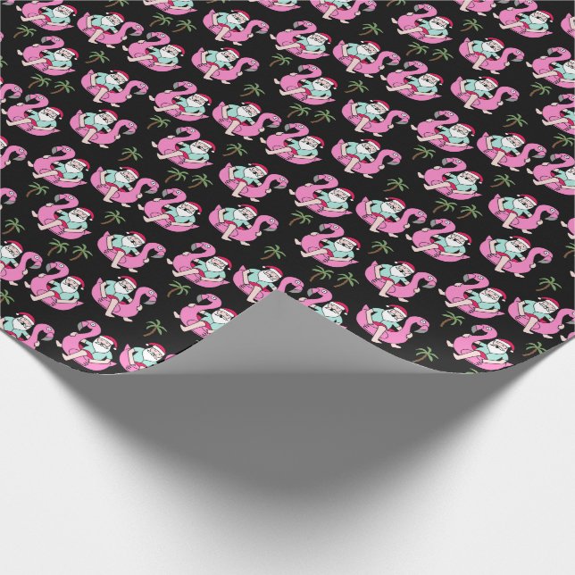 Tropical Santa Flamingo Float black Wrapping Paper (Corner)