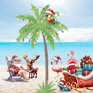 Tropical Santa & Rudolf Beach Christmas Party Cushion