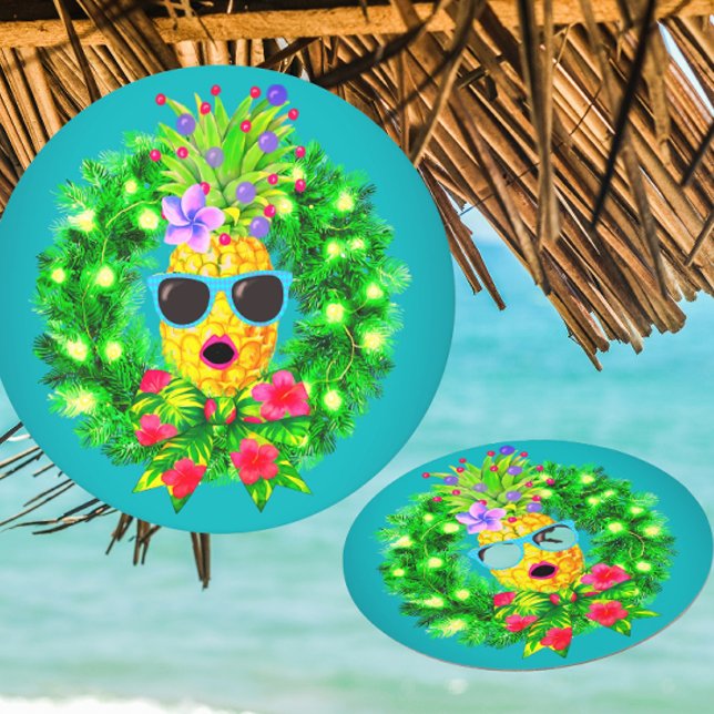 Tropical Sassy Singing Lady Pineapple  Round Paper Coaster (Paper coasters for your tropical Christmas party!)