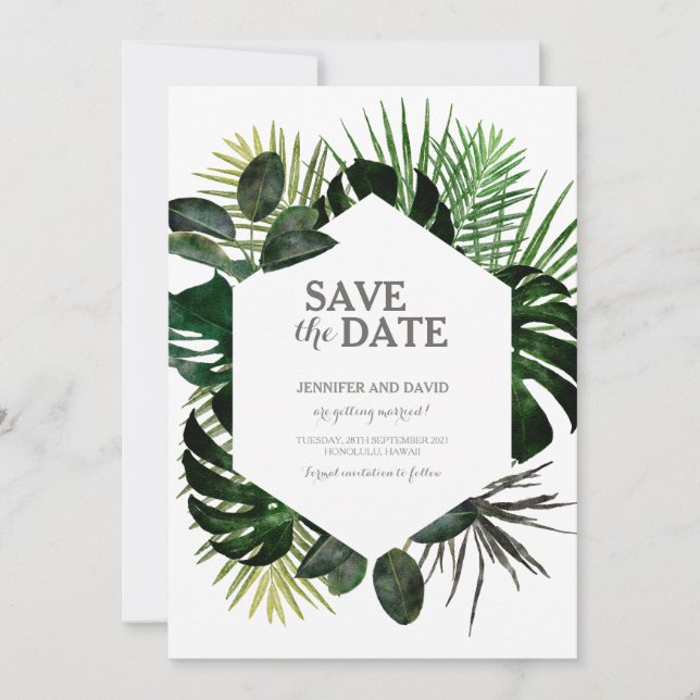 Tropical Save The Date Calendar Fern Monstera Leaf (Front)