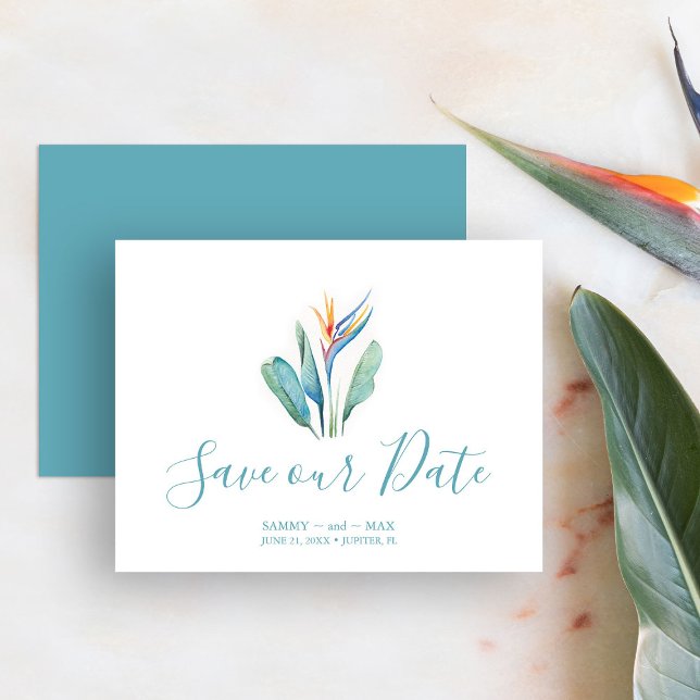 Tropical Save The Date For Wedding (Save the date tropical destination wedding watercolor art by Victoria Grigaliunas of Do Tell A Belle)
