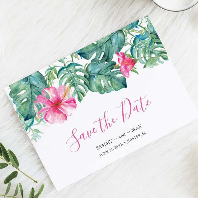 Tropical Save the Date for Wedding (Tropical destination save the date for wedding. Hand painted watercolor art by Victoria Grigaliunas)