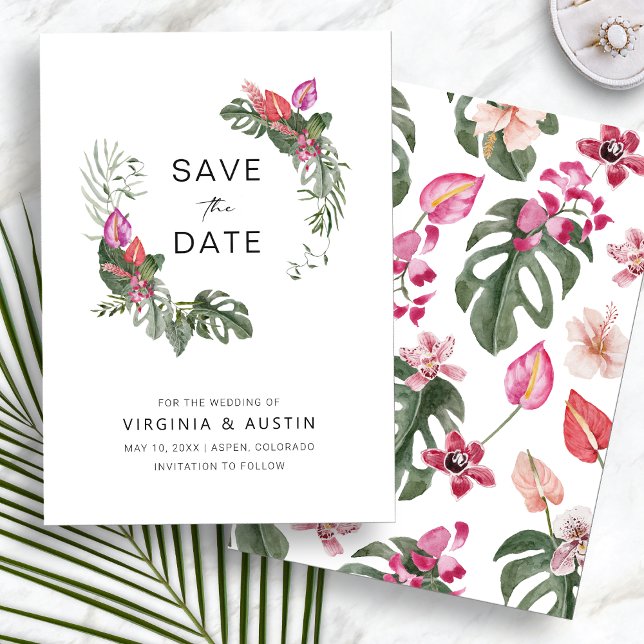 Tropical Save The Date Invitation (Tropical Floral Watercolor Save The Date Invitation by Painted Paperie
)