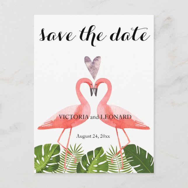 Tropical save the date | pink flamingos postcard (Front)
