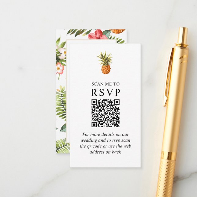 Tropical Scan Me Wedding RSVP QR Code Enclosure Card (Front/Back In Situ)