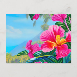 Tropical scene with Hawaiian hibiscus pink flowers Postcard