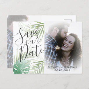 Tropical Script Greenery Wedding Save the Date Announcement Postcard