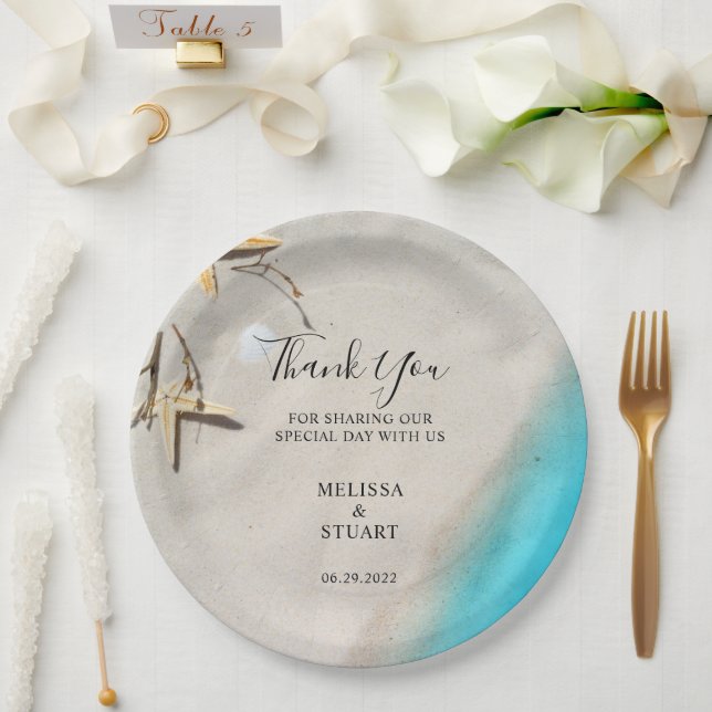 Tropical sea sand starfish beach Thank You wedding Paper Plate (Wedding)