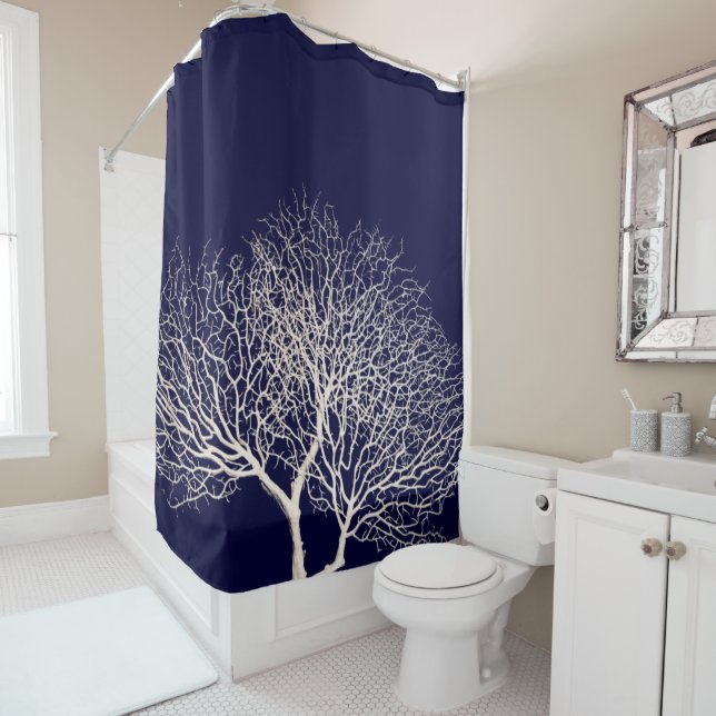 Tropical Sea Tree Coral Navy Blue White Beach Shower Curtain (In Situ)