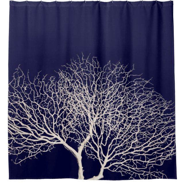 Tropical Sea Tree Coral White Navy Blue Beach Shower Curtain (Front)
